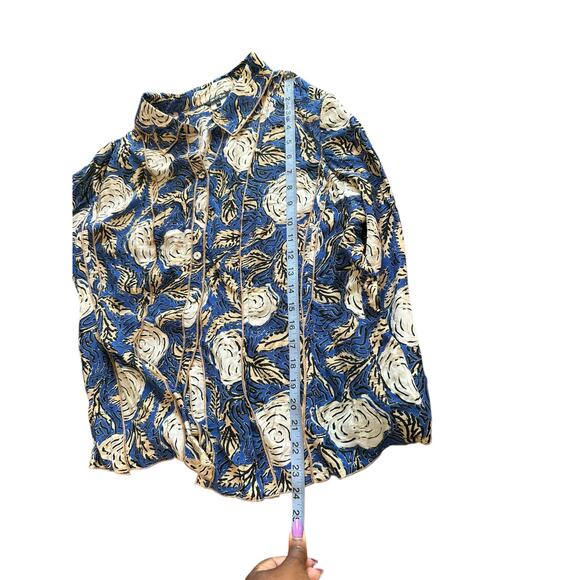 Nic + Zoe Blouse Blue Tan Button Up Short Sleeve Silk Blend Lightweight Size XL - Picture 12 of 12